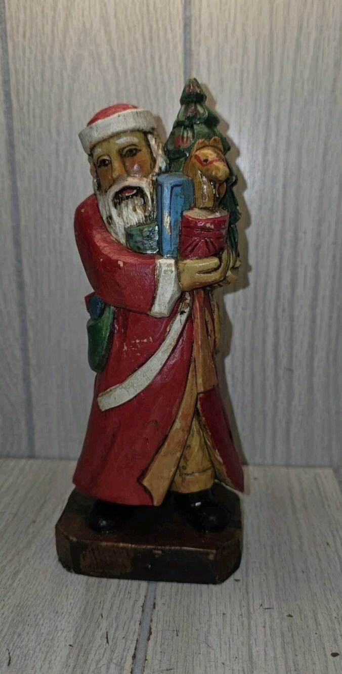 Vtg Rustic Faux Carved Wood Resin Santa Father Christmas Figurine Tree Doll 8"